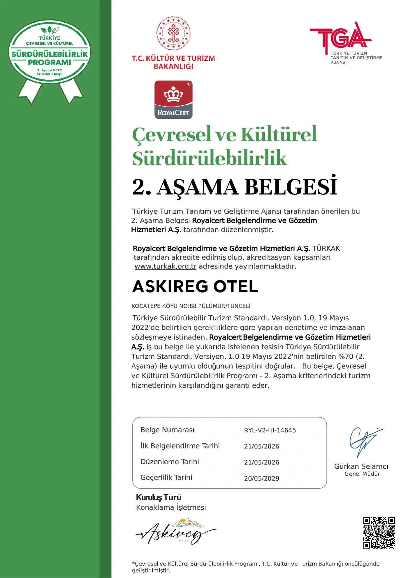 Otelin RoyalCert tarafından düzenlenen Çevresel ve Kültürel Sürdürülebilirlik 2. Aşama Belgesi